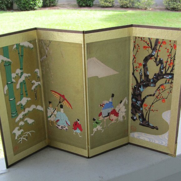 Vintage Japanese Miniature 4-Panel Folding Screen Tabletop Byōbu Art | Mt. Fuji - Picture 2 of 16